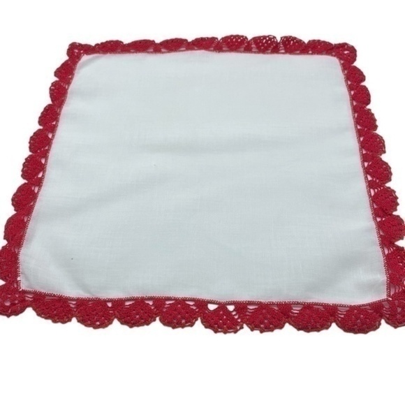 Vintage Handkerchief Handie Red Crochet Trim White Red 12in x 12in - Picture 3 of 3